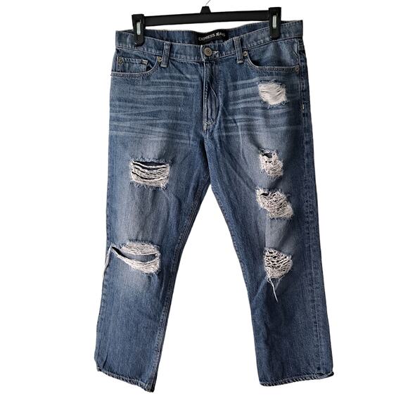 Express 100% Cotton Medium Wash Distressed Capri Straight Leg Jeans - Size 10 - Picture 1 of 15